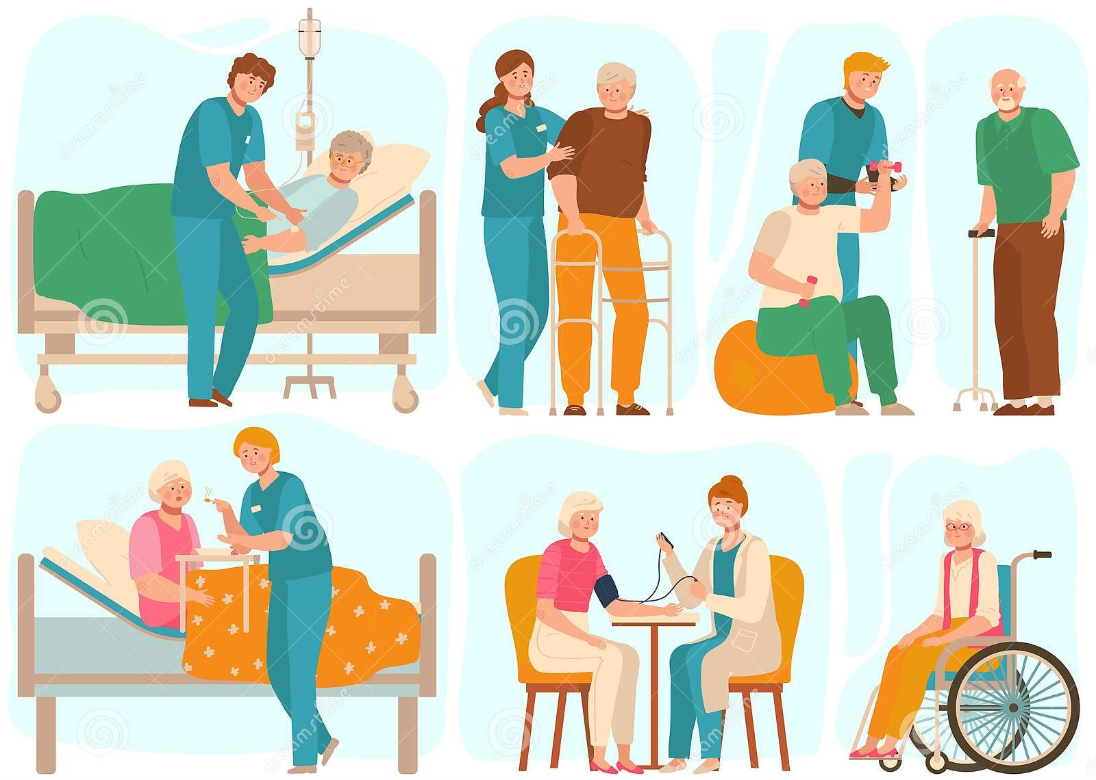 elderly-people-nursing-home-medical-staff-takes-care-seniors-vector ...